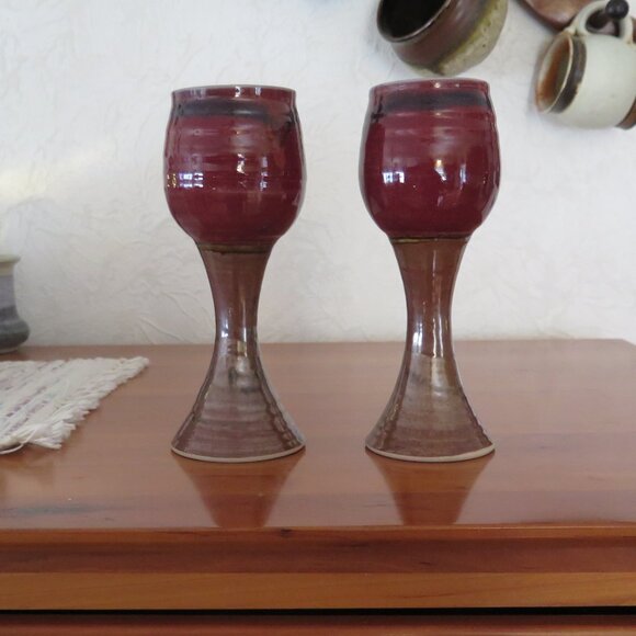 Tall Pottery Wine Goblets, Signed, Scott Frankenberger Artist, Burgundy & Tan - Picture 3 of 9